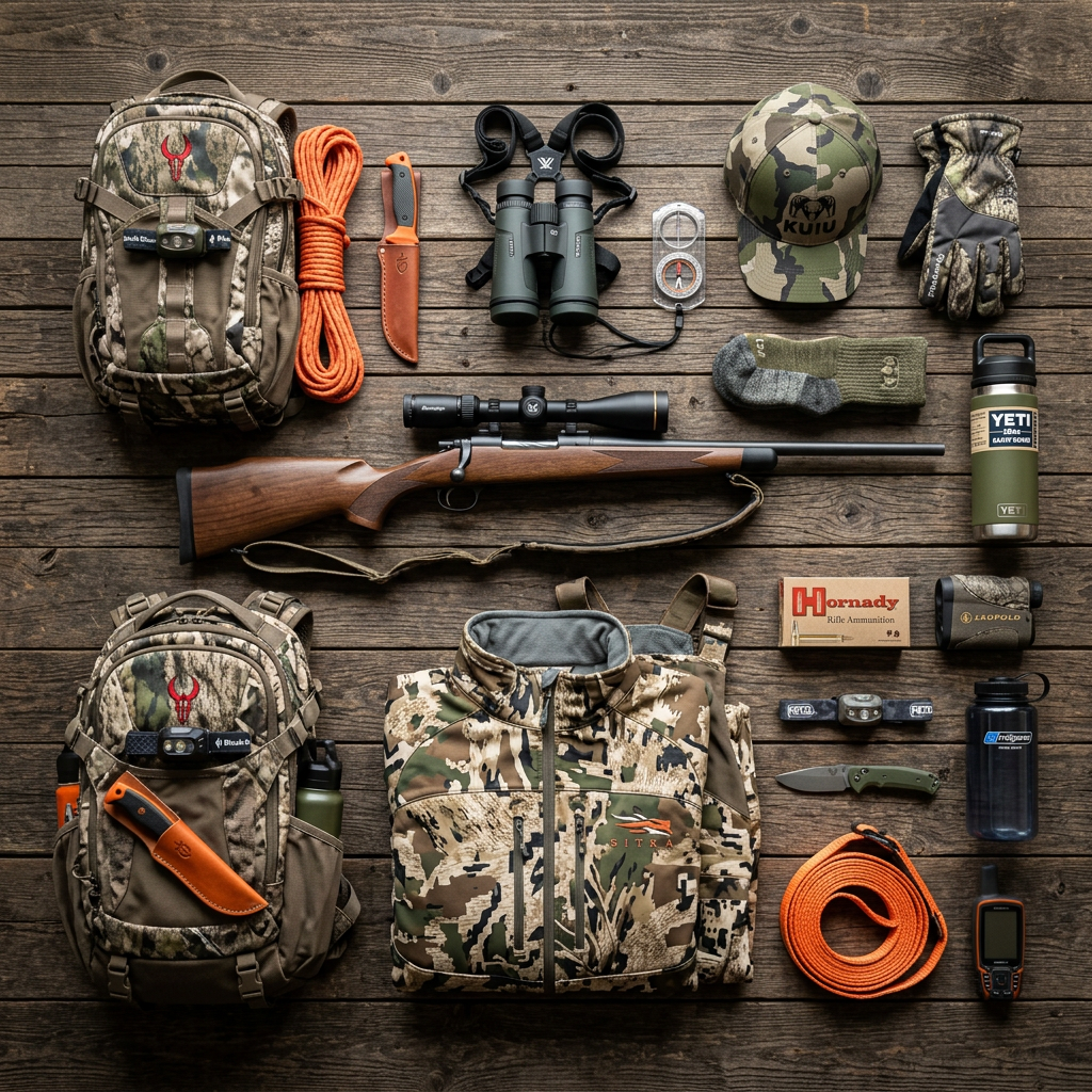 Hunting rifle, camouflage backpacks, jacket, gloves, knife, binoculars, hat, compass, rope, water bottles, ammunition, GPS, headlamps, and socks arranged on wood