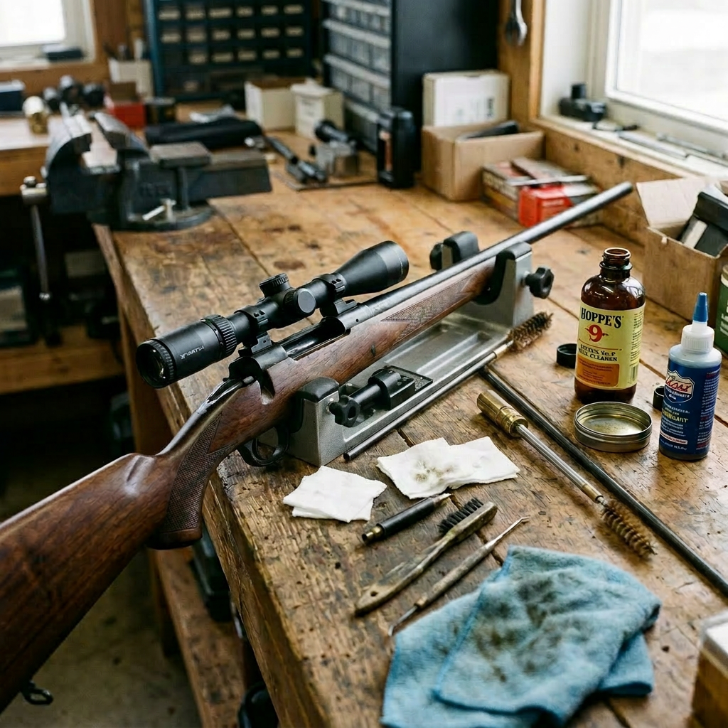Scoped rifle with cleaning rods, brushes, oil, and cloths on wooden workbench
