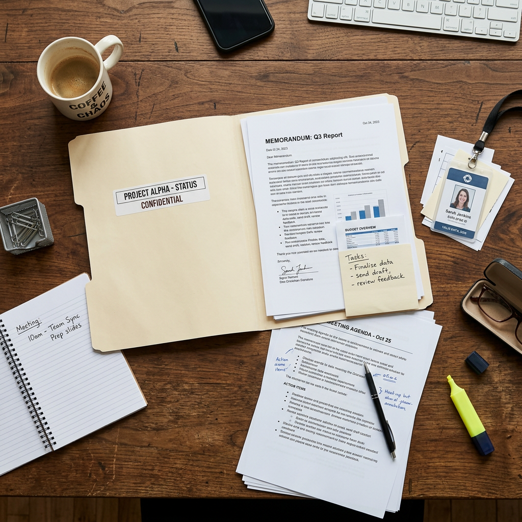 Folder labeled Project Alpha confidential with reports, meeting notes, ID badge, coffee mug, and office supplies on wooden desk